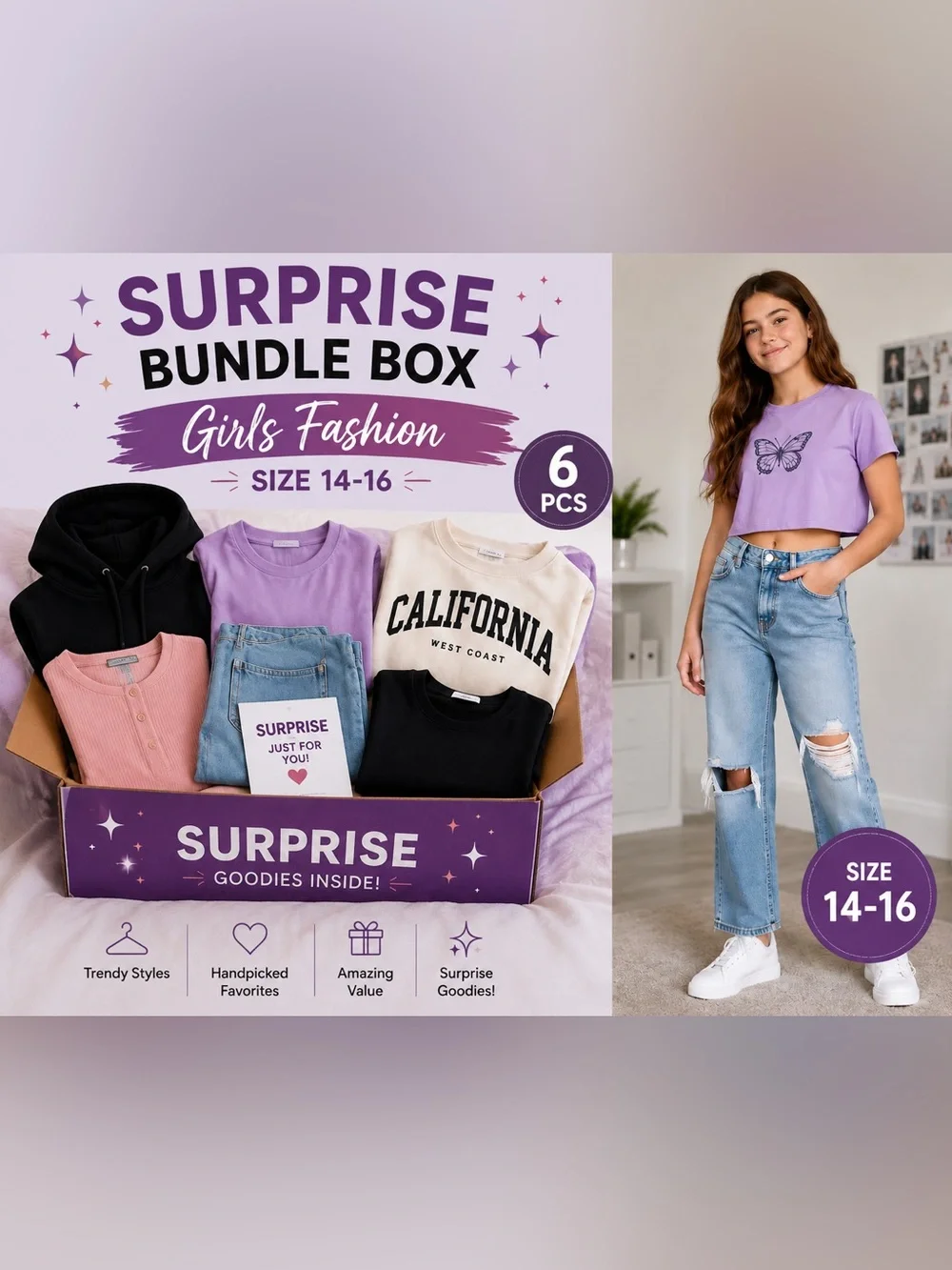 Girls Size 14-16 Surprise Fashion Bundle Box – 6 Piece Clothing Lot